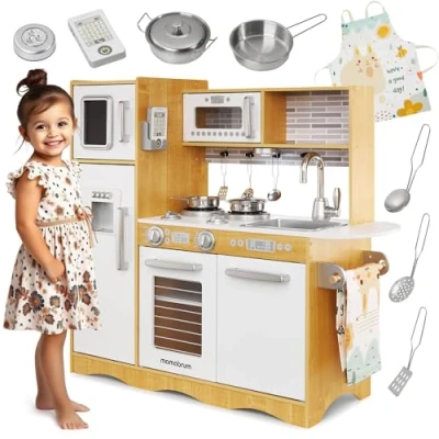 Image of Mamabrum Baby Toys Play Kitchen with LED Lightning System, Wooden Kids Toys, Role Accessories Included Pretend Toy for Little Chef Playset, Natural Wood