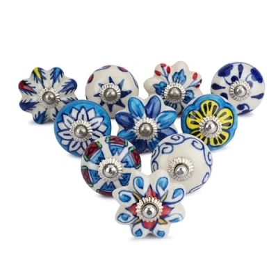 Image of Ajuny Ceramic Knobs for Dresser Drawers Kitchen Cupboard Bathroom Cabinets Blue and White Handmade Set of 10