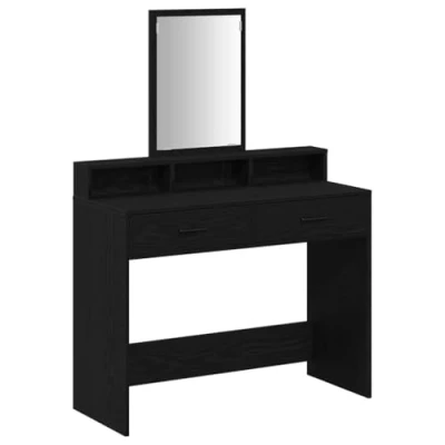 Image of vidaXL black oak dressing table with mirror stylish bedroom vanity 100x41x140 cm, solid storage, floating shelf