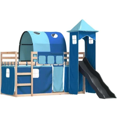 Image of Bunk Bed without Mattress with Slide and Curtains Blue 80x200 cm Vidaxl