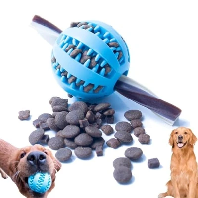 Image of MZQSIY Dog Treat Dispenser Ball Toy Interactive Toys for Boredom Teeth Cleaning Chew Rubber Puppy Small Dogs(Large 7cm/2.75in, Blue)