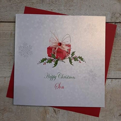 Image of White cotton cards X138 Happy Christmas Son Handmade Card with Present Design,