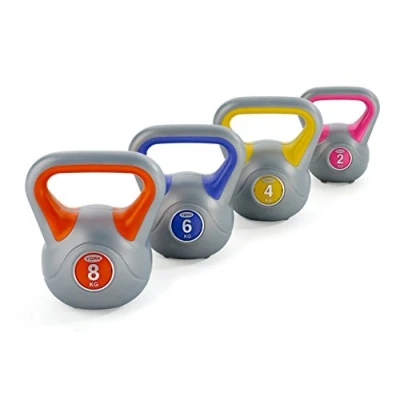 Image of York Fitness Vinyl Kettlebells Set Home Gym Equipment Perfect for Bodybuilding Weight Lifting Training Pack of 4, 20kg, Orange/Blue/Yellow/Pink