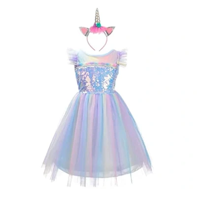 Image of Lito Angels Unicorn Birthday Party Princess Costume Rainbow Fancy Dress Up with Headband for Little Kids Girls Age 3 4 Years (Tag Number 110)