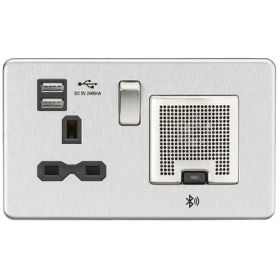 Image of KnightsBridge Screwless 13A socket, USB chargers (2.4A) and Bluetooth Speaker Brushed Chrome Black Inserts