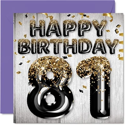 Image of 81st Birthday Card for Men Black &amp; Gold Glitter Balloons Happy Cards 81 Year Old Man Dad Great Grandad Grandpa Gran, 145mm x Eighty One First Bday Greeting Gift