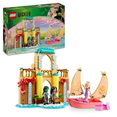 Image of LEGO Wicked Glinda, Elphaba &amp; Nessarose at Shiz University Building Set with Sailing Boat Toy and 3 Mini Doll Figures, Movie Gift for 7 Plus Year Old Girls Boys Who Love Doll’s House Playsets 75681
