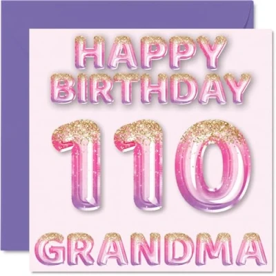 Image of 110th Birthday Card for Grandma Pink &amp; Purple Glitter Balloons Happy Cards 110 Year Old from Grandson Granddaughter, 145mm x Bday Greeting Gift