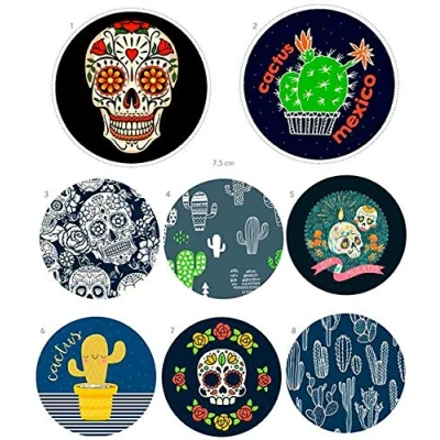 Image of 8 Screen Printed Children&#039;s Patches for Ironing onto Clothes. Heat Adhesive Applications Repairing and Decorating Trousers, Jackets, Jumpers, Backpacks, etc. (Mexican)