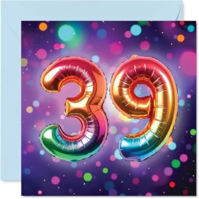 Image of 39th Birthday Cards for Women Men Rainbow Foil Balloon Happy Card 39 Year Old Woman Man Neighbour Wife Sister Cousin, 145mm Bday Greeting