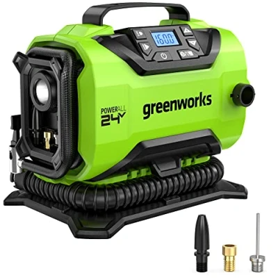 Image of Greenworks G24IN Tyre Inflator Car Air Compressor Cordless Portable Pump, 11 Bar, 160 PSI Pressure Gauge, Auto Shut Off WITHOUT 24V Battery &amp; Charger, Green, Grey, Black