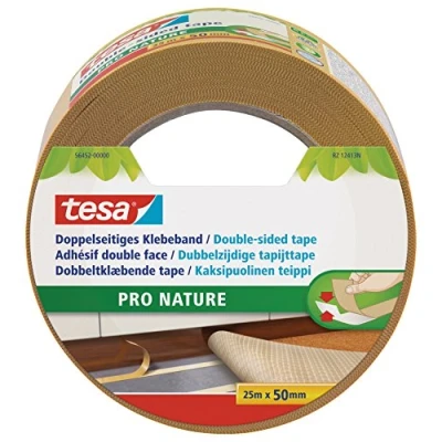 Image of tesa Pro Nature Eco Fixation Double Sided Tape Roll Ecological Versatile Carpet Fixing, Decoration, Crafts 100 % Recycled Plastic 25 m x 50 mm