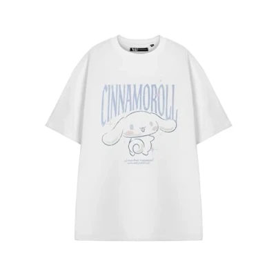 Image of Hello Kitty &amp; Friends Womens White Short Sleeved T Shirt Cinnamoroll Graphic Tee for Women Sanrio Character Print Shirt, My Melody, Kuromi