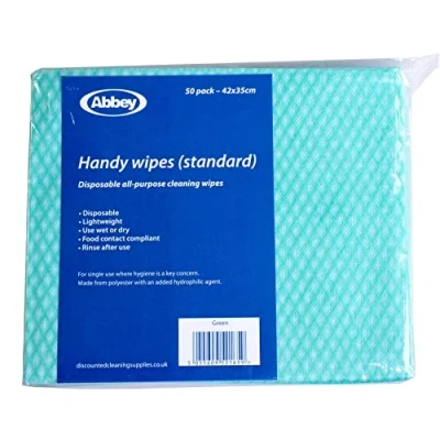 Image of Abbey Pack of 50 Disposable J cloths Non Woven Wipes All Purpose Green Cleaning Jay to Clean Surfaces, Bathroom, Windows, Dish Kitchen Cloth 42 x 35cm (Green)