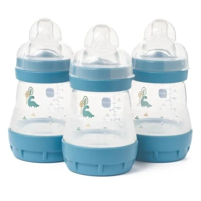 Image of MAM Easy Start Self Sterilising Anti Colic Baby Bottle 3 Pack (3 x160 ml) with Slow Flow Teats Size 1, Newborn Essentials, Blue (Designs May Vary)