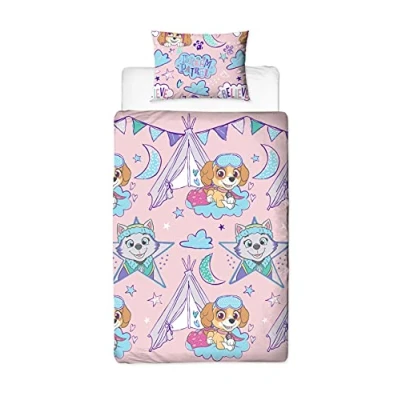 Image of Paw Patrol Single Duvet Cover, Sleepover Design Pink Reversible 2 Sided Bedding Cover Official Merchandise, Pillow Case Included