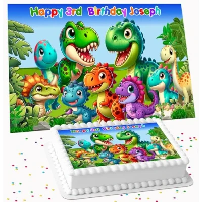 Image of CUTE DINOSAUR BIRTHDAY PARTY PERSONALISED ICING EDIBLE COSTCO CAKE TOPPER DECORATION R1 238
