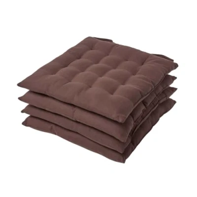 Image of HOMESCAPES Chocolate Brown Seat Pads for Dining Chair, Set of 4 100% Cotton Chair with Straps, 40x40 cm