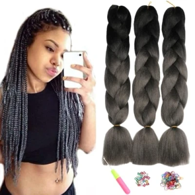 Image of ShowJarlly Box Braid Hair Extensions, 24inch Black/Dark Gray ​Ombre Jumbo Hair, 3Packs Synthetic Braiding Extension Afro Extensions for Crochet Twist Braids