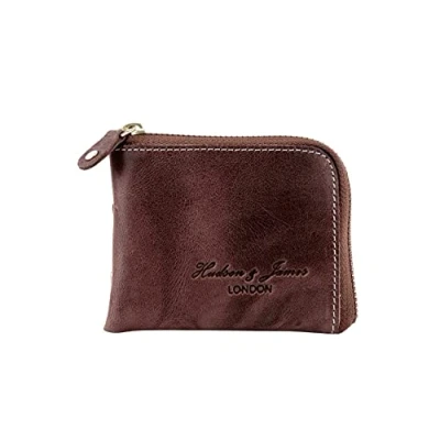 Image of Hudson &amp; James Designer London Real Leather Small Zippered Mens Women Wallet Slim Credit Carder Holder Purse with Gift Box (Distressed Crunch Brown)