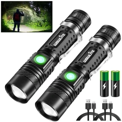 Image of wowlite Led Torch, Powerful Torches Super Bright, Battery Powered, USB Rechargeable Flashlight, 4 Light Modes, Zoomable, Small Flash for Camping Emergency Outdoors, 2 Pack