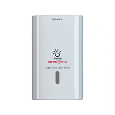 Image of Papernet Defend Tech Antibacterial Dispenser for Interfolded Toilet Paper (416147), in Recycled and Plastic, Maximum Capacity 2.5 Packs / clips, Dimensions 26.5 x 13.5 16.5cm, White