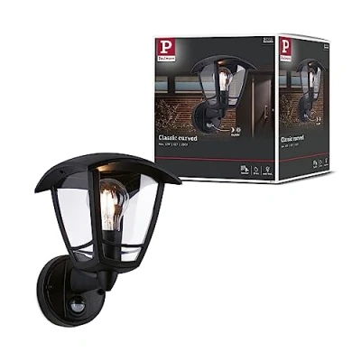 Image of Paulmann Classic Curved 94647 Outdoor Wall Light with Motion Sensor IP44 Square Max. 12 W Black Plastic Garden E27