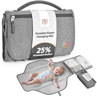 Image of Portable Baby Changing Mat Travel Change with Wipe Pocket and Head Cushion, Waterproof, Grey