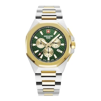 Image of Swiss Alpine Military Men&#039;s Watch Chronograph Analogue Quartz 7005.9144SAM Stainless Steel, Bic gold/Bi gold/Green 9144sam, Bracelet