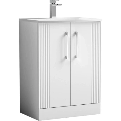 Image of Retro 2 Door Floor Standing Vanity Unit with Curved 1 Tap Hole Ceramic Basin 600mm Satin White Balterley