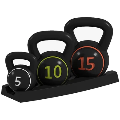 Image of SPORTNOW Set 3 Kettlebell Weights with Storage Stand for Home Gym Weight Lifting Training, 5lbs, 10lbs, 15lbs (2.2kg, 4.5kg, 6.8kg)