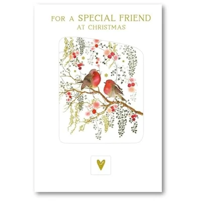 Image of Nigel Quiney Special Friend Christmas Card Watercolour Robins on Berry Branches Embossed with a Foil Finish Eco Friendly and Recyclable