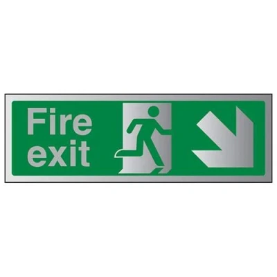 Image of V Safety Fire Exit Arrow Down Right Sign 450mm x 150mm 3mm Brushed Alu Comp