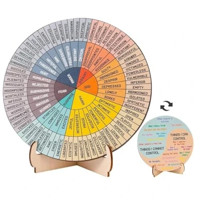 Image of Feeling Wheel with Stand Calming Emotions Wooden Mood Therapist Gifts Double Sided Mental Health Office Desk Decor