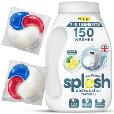 Image of Splesh 3 in 1 Ultimate Freshness Dishwasher Tablets, Lemon Scent Ultra Clean No Pre Rinse Needed Dishwashing Capsules, Extra Sparkle Tough on Stain and Grease Washing Up Tablet, 150W