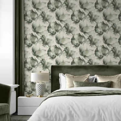 Image of SOPHIE LAURENCE Elysian Floral Wallpaper Green and Gold Metallic Petals, Washable Removable, for Bedroom, Living Room, Dining Room 0.53m x 10.05m Roll