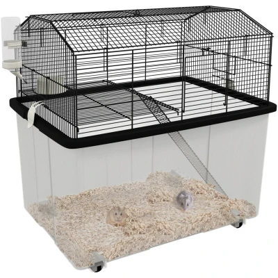 Image of PawHut Hamster Cage with Wheels, 2 Tiers, Deep Bottom, Ramp, Platform, Food Dish, Water Bottle, for Dwarf Hamster, Syrian 57 x 43 57cm Black