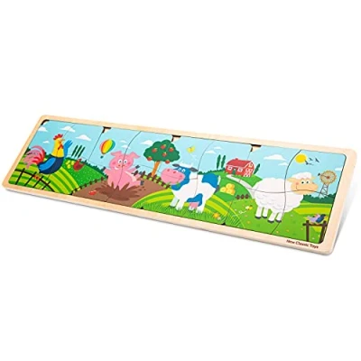 Image of New Classic Toys Farm Puzzle 4 in 1 Wooden Educational Includes Pig, Rooster, Cow, and Sheep Fun Developmental Toy for Kids