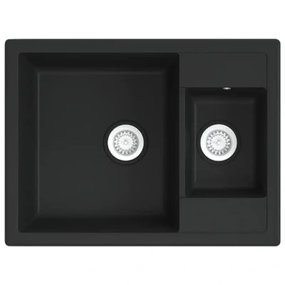 Image of vidaXL Black Granite Kitchen Sink Double Basin Design with Overflow Hole Heat, Scratch, and Impact Resistant Material Easy to Clean Included Basket Strainer