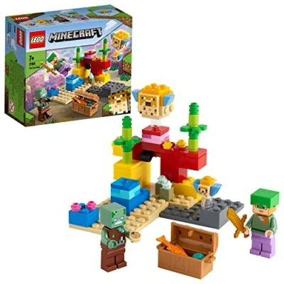 Image of LEGO 21164 Minecraft The Coral Reef Building Toy with Alex, 2 Brick Build Puffer Fish and Drowned Zombie Figures, Gifts for Kids, Boys &amp; Girls