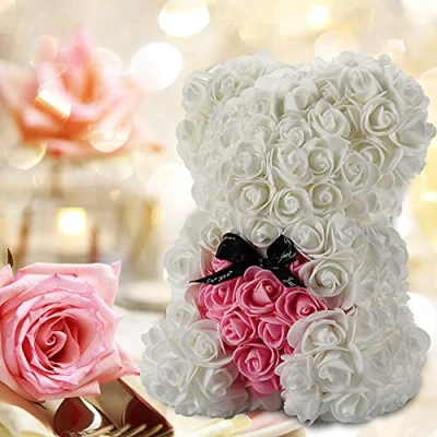 Image of Gifts for Women，Birthday ，Rose Flower Bear Hand Made Rose Teddy Bear,Best Artificial Decoration mom, Girls,Unique Gifts,The Perfect Party Clear Gift Box (White)