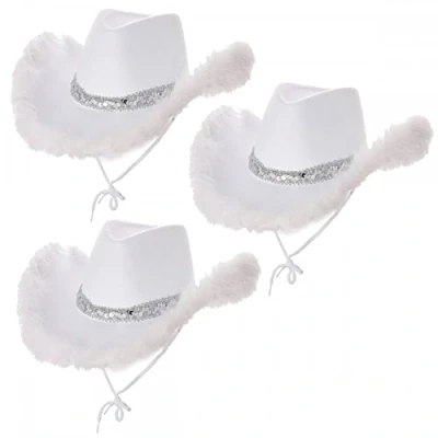 Image of 3 x Adult WHITE Sequin &amp; Feather Texan Cowboy Hats : Wild West Rodeo Cowgirl Hen Night Womens Ladies Fancy Dress Accessory