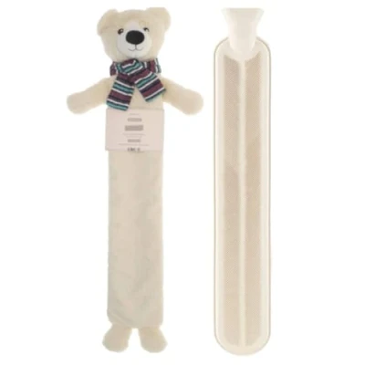 Image of Hot Water Bottle Long with Cover 2 Litre Fluffy Faux Fur Fleece Durable Winter Warm Natural Rubber Pain Relief Therapy Waist &amp; Neck Adults and Kids (White Bear)