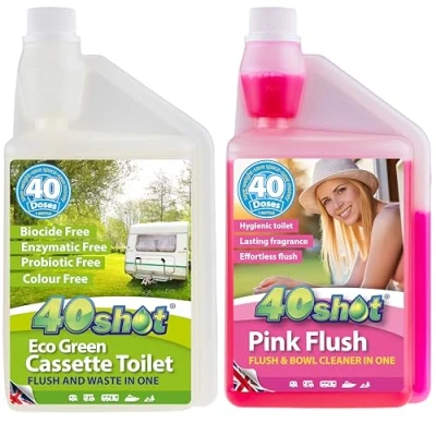 Image of 40Shot Eco Value Twin Pack Green Cassette Toilet Fluid &amp; Pink Flush Rinse 2 x 1L Concentrates 80 Doses Biocide Free, Septic Safe, Fresh