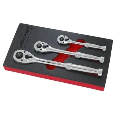 Image of 3PC Ratchet 1/4, 3/8, 1/2 Drive 90T Reversible Quick Release Straight Metal Handles