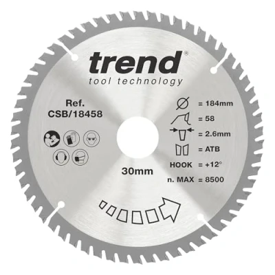 Image of Trend Wood Circular Saw Blade, 184mm Diameter, 30mm Bore, 58 Teeth, TCT, 2.6mm Kerf, +15 Hook, CSB/18458