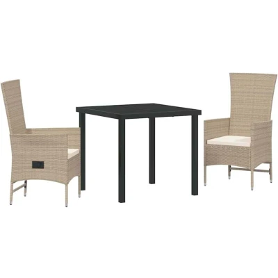 Image of vidaXL 3 Piece Garden Dining Set with Cushions Beige Poly Rattan