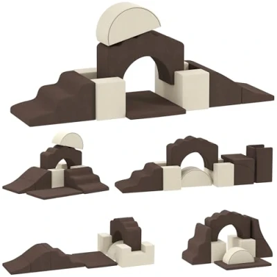 Image of AIYAPLAY Kids Soft Play Set, 7 Piece Foam Climbing Blocks with Detachable Cover, Baby Indoor Climb and Crawl Set for Toddlers, Preschoolers, Brown