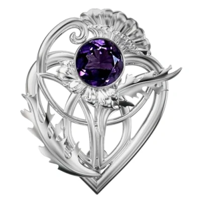 Image of CAIRN Small Sterling Silver Scottish Thistle Brooch With Amethyst Sabie. Jewellery Gift Box Included. 6103