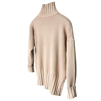 Image of Women Turtleneck Pullover Sweaters Soft Warm Knitted Basic Oversize Jumper Khaki